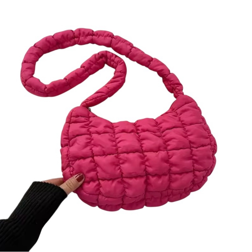 Bubble, puffy, quilted pleated, small cloud purse with shoulder strap. PINK